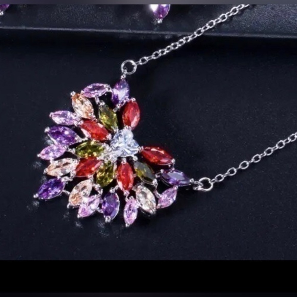 Colorful CZ Silver Heart Necklace